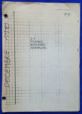 décembre : 31 poèmes journaliers quotidiens - sur papier quadrillé en remplissant toutes les lignes - photocopiés, reliés, pour distribuer aux visiteurs attentifs de l'exposition au CAUE, Limoges, 1990
